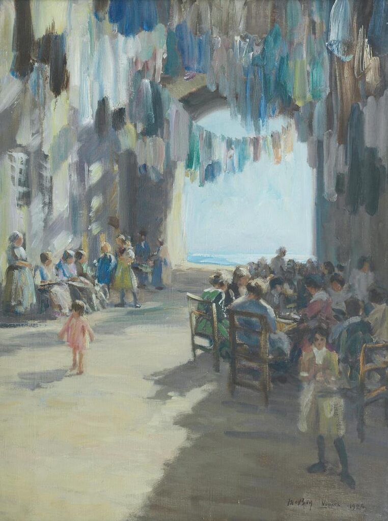 Lacemakers and beadstringers in a sunlit street, Venice