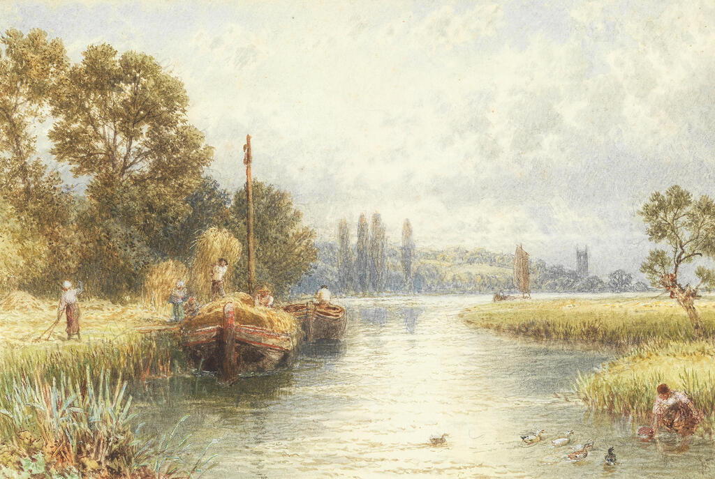 River scene with people loading hay barges and collecting water