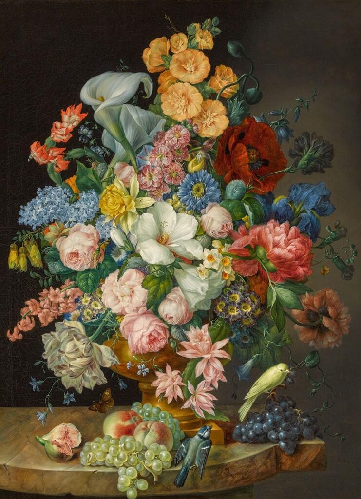 Still life of roses, arum lilies, a peony, lilac, hollyhocks and other flowers in an urn, with a blue tit, a canary and a Meadow Brown butterfly (Maniola jurtina) and fruit on a marble ledge