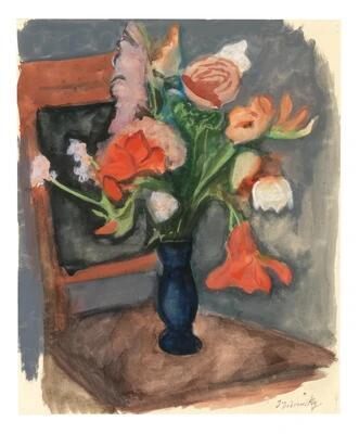 Flowers in a Blue Vase on a Chair