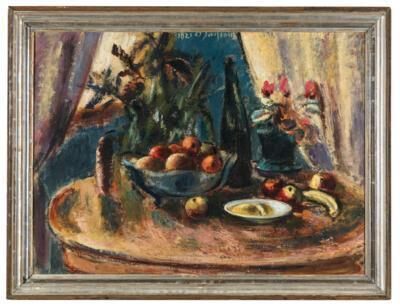Still life with fruit and wine bottle