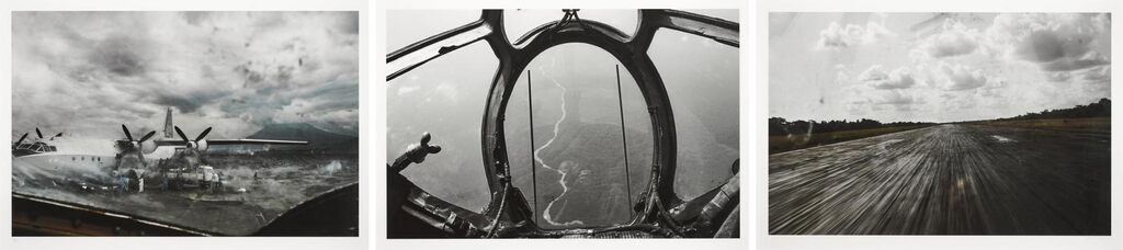 i. Russian AN-12 cargo plane loading goods destined for Kinshasa, in Goma; ii. View from the nose of a Russian transport plane, above the forest between Goma and Kisangani; iii. Landing at Kisangani 