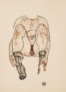 Sitzender weiblicher Akt mit grünen Stiefeln (Torso)