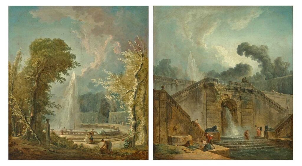 A Fountain with a Water Jet in a Landscape, a herm in the foreground; A Fountain with a Water Jet and a Waterfall in an Architectural Setting