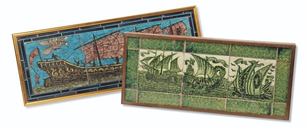 A galleon in full sail with archers fighting a bird in flight above; A sailing ship within a green tile border