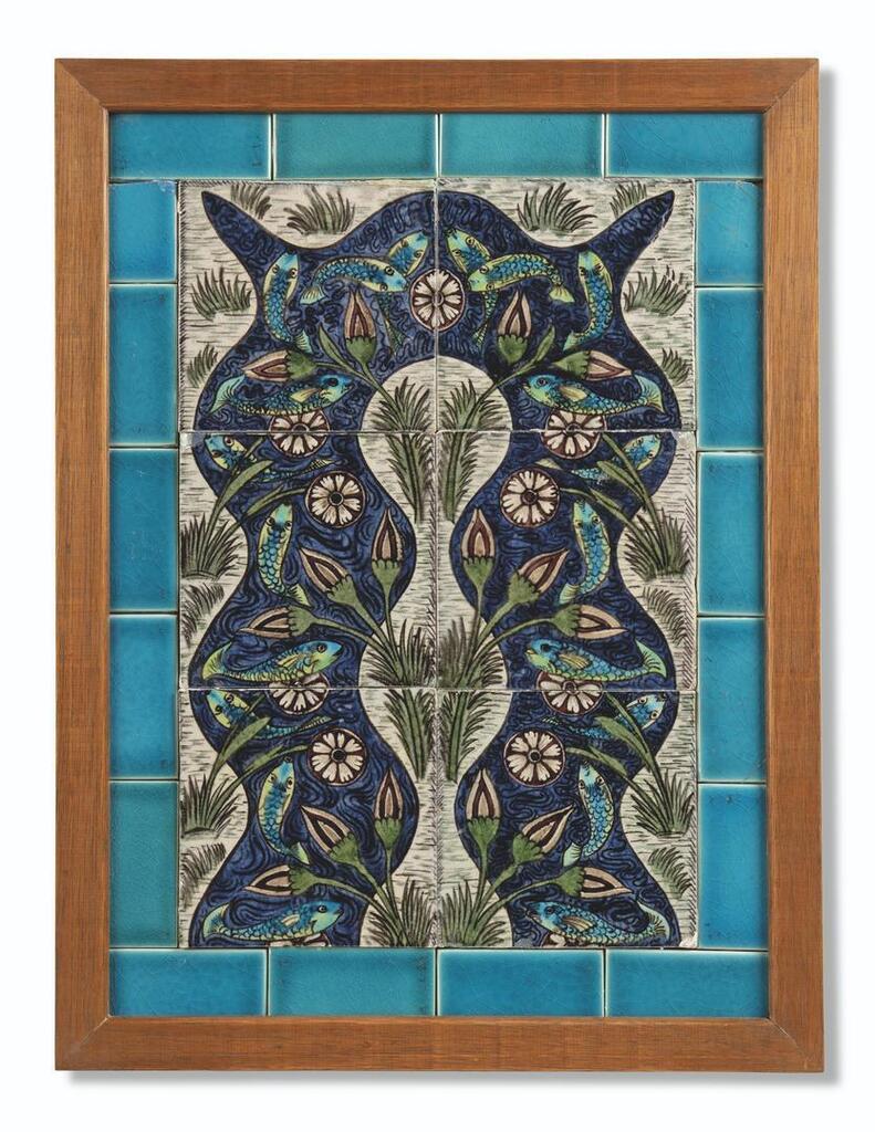 Decorated with blue and green fish swimming in a meandering stream with flowerheads and bordered by reeds