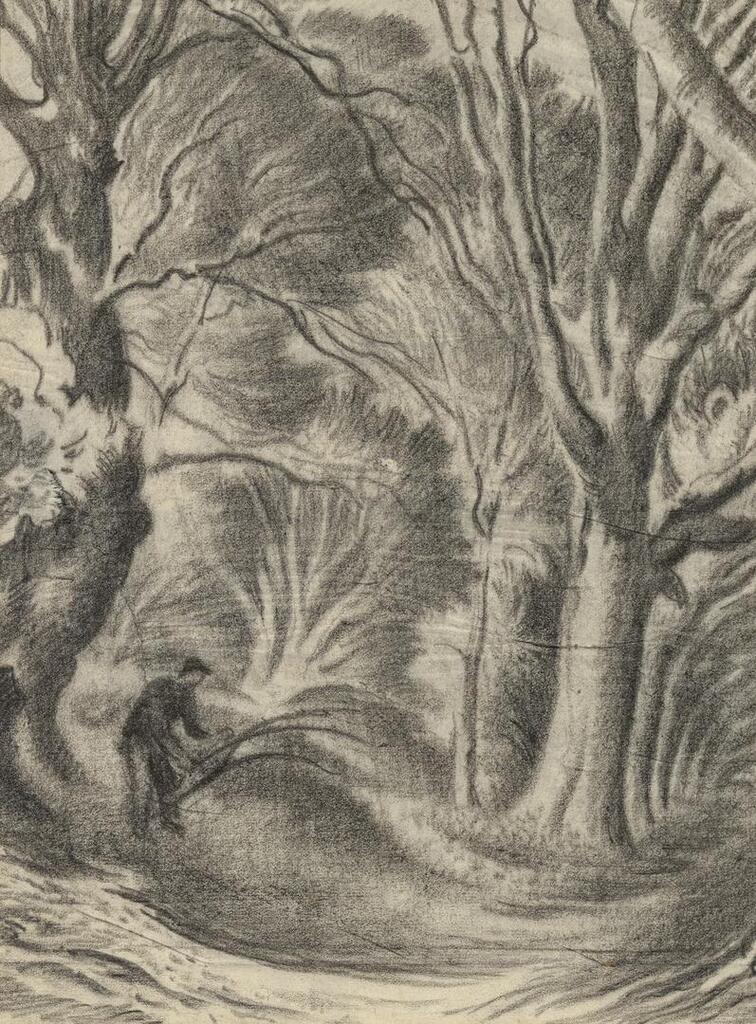 A figure in a wooded landscape