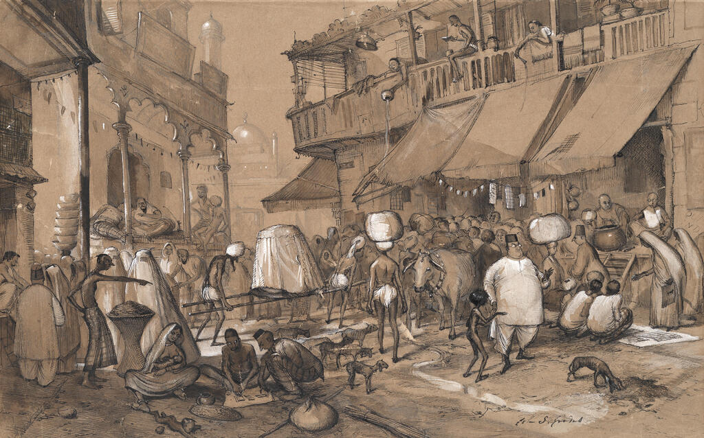 A busy street scene near Jama Masjid Mosque, Bombay