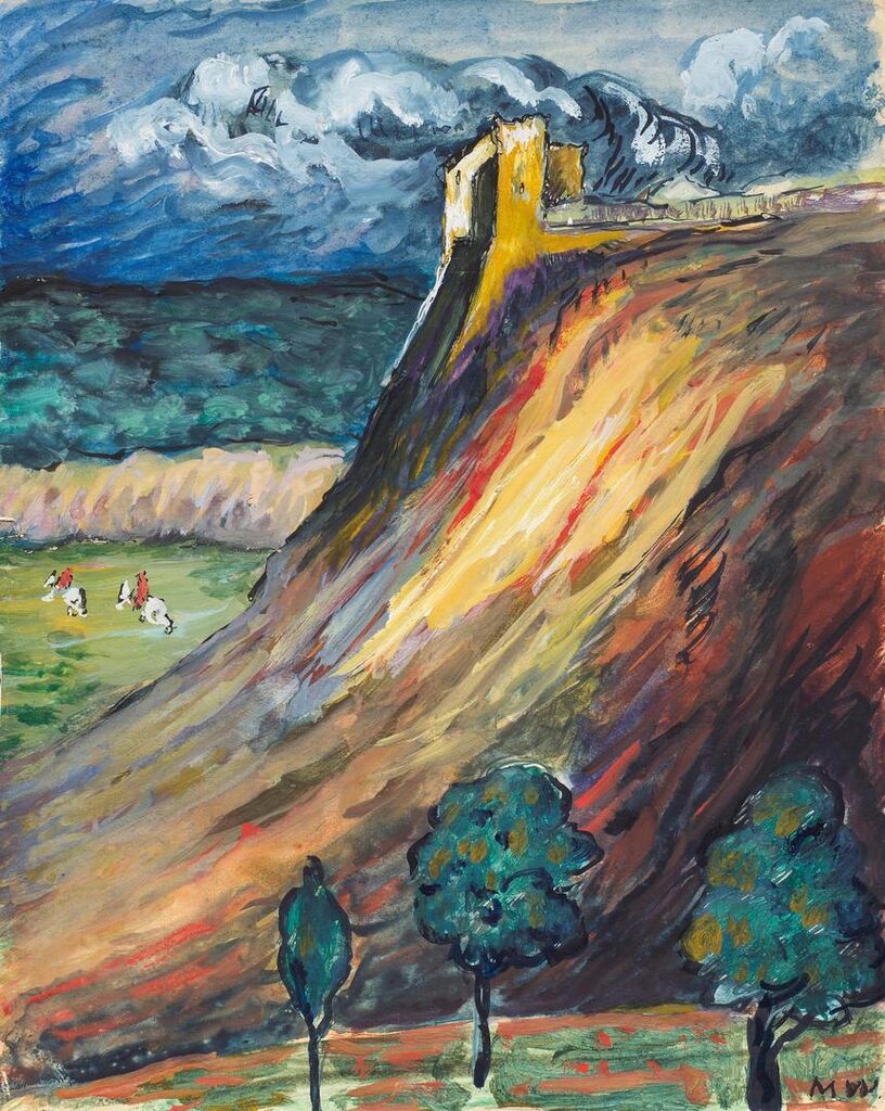 Burg (mit zwei Reitern im Tal)