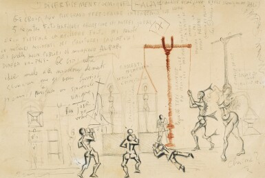 Scénographie avec annotations pour l’opéra bouffe "La Dame espagnole et le cavalier romain" de Maurice Béjart