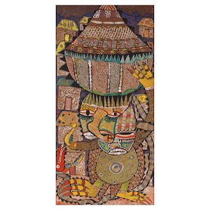 Twins Seven-Seven (Nigerian, 1944-2011) A Double Face Anti-Bird Ghost with Red Head Snake in the Pigmuse City