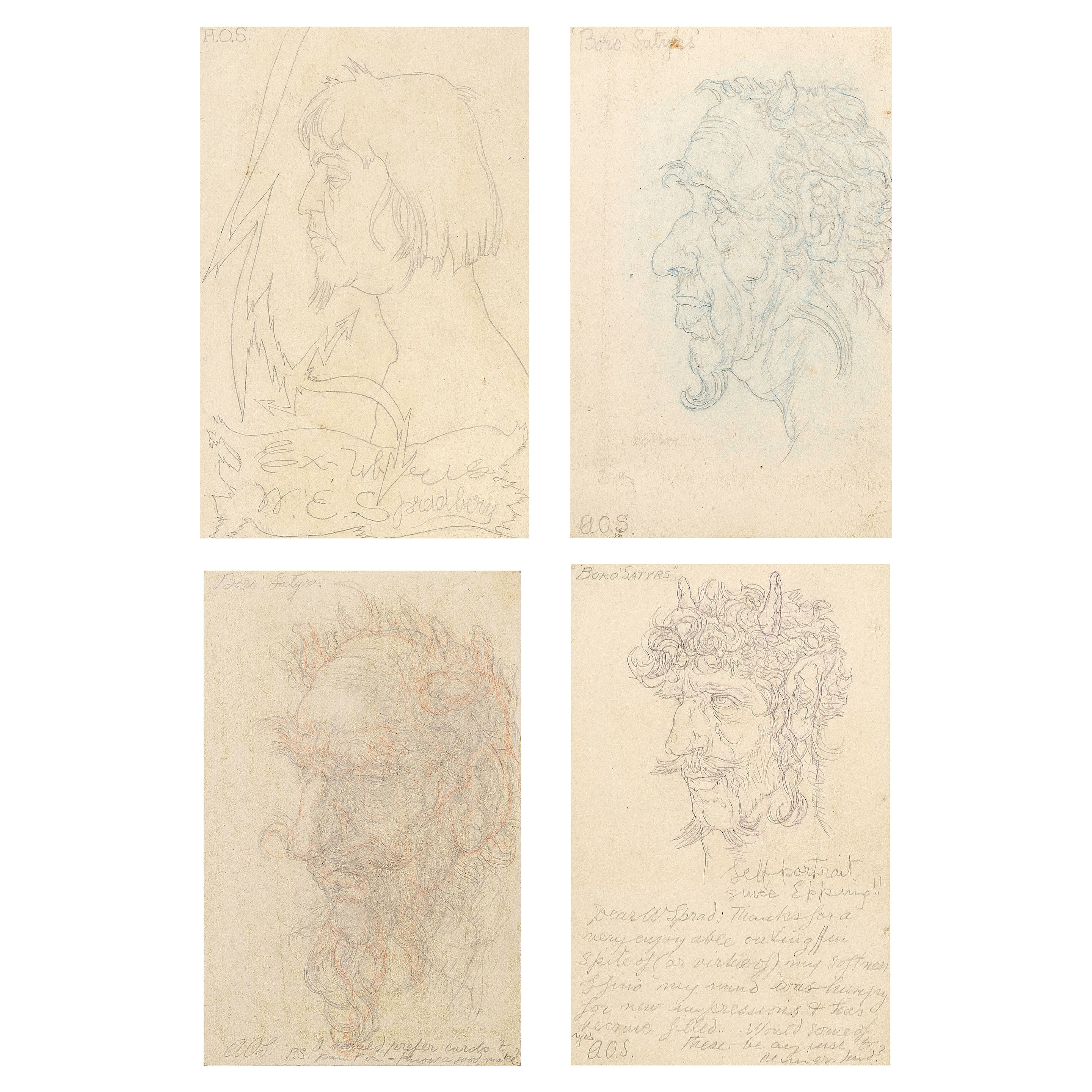Austin Osman Spare (British, 1886-1956) A Group of Four Postcard Portraits in A Book of Satyrs 14 x 9cm (5 1/2 x 3 9/16in) the largest postcard