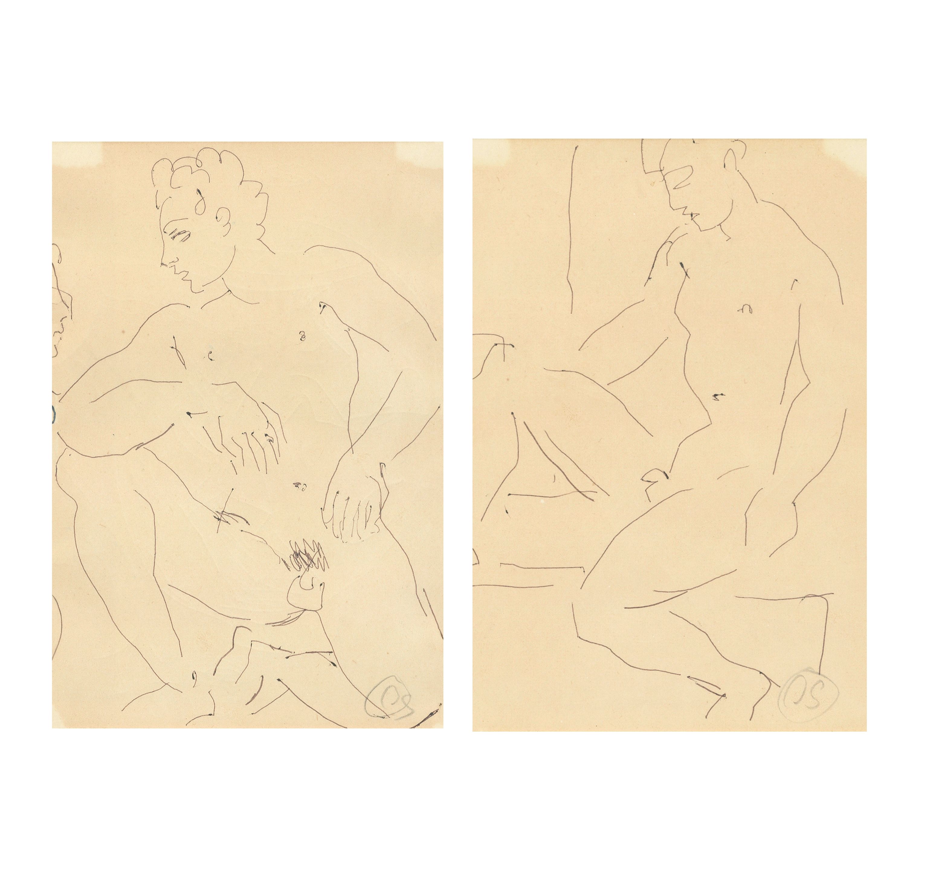 Duncan Grant (British, 1885-1978) A Pair of Seated Male Nudes each 13.5 x 9cm (5 5/16 x 3 9/16in) (Executed circa the 1940sboth with a further pen and ink drawing, of a seated nude and a still life, on the reverse, by the same hand(2))