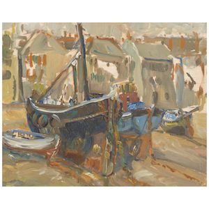 Peter Lanyon (British, 1918-1964) Untitled (Fishing Boats) (Painted in 1937 with a further oil painting, Untitled (Unfinished Sketch, Industrial Scene), on the reverse, by the same hand)