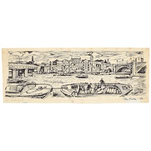 John Minton (British, 1917-1957) The River between Cannon St Railway Bridge & Southwark Bridge (unframed)