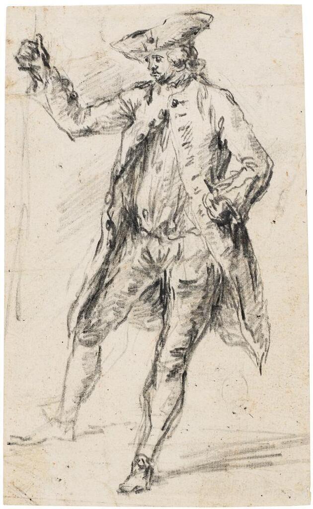 Standing Man with a Walking Stick Wearing a Tricorn Hat