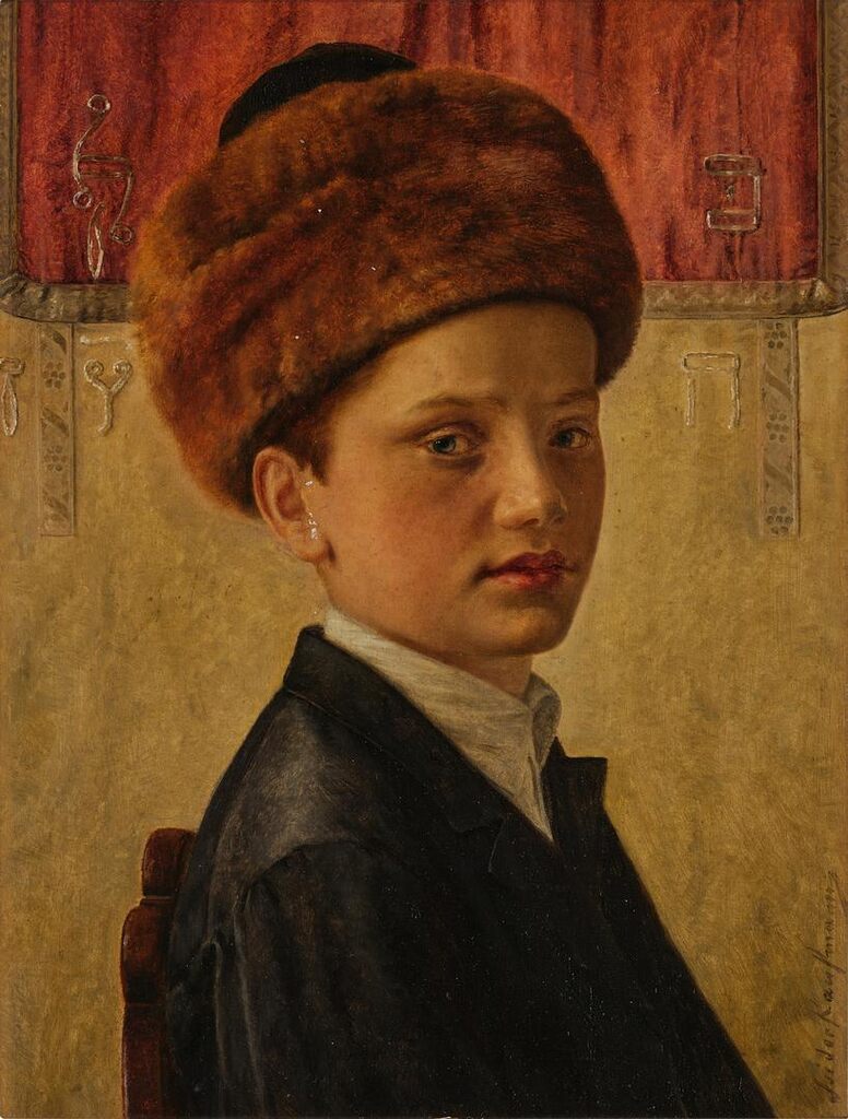 Portrait of a Yeshiva Boy wearing a Streimel, in front of a Torah ark curtain
