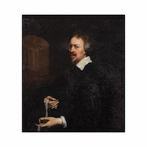 Adriaen Hanneman (La Haye circa 1601-1671) Portrait présumé du fils de Nicasius Roussel, bijoutier à la cour du roi Charles Iᵉʳ d'Angleterre, tenant un collier de perles
