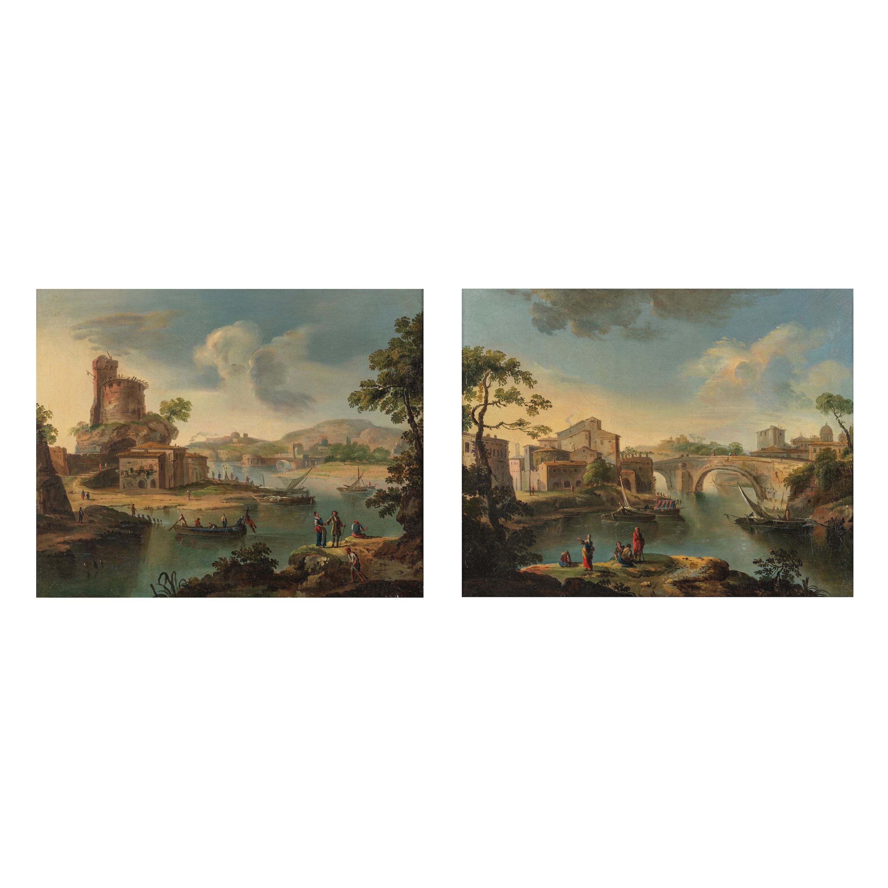 Paolo Anesi (Rome circa 1700-circa 1761) Paire de paysages fluviaux de la campagne romaine, animés de figures (2)