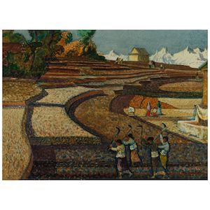 Millard Sheets (1907-1989) Harvest Scene in Nepal sight 22 x 30 in.
