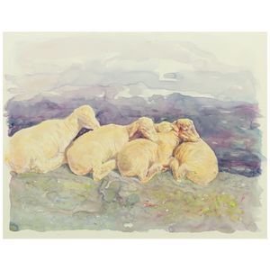 Kermit Oliver (born 1943) Four Sheep in Lavender Light 22 1/4 x 28 in. (Executed in 1981.)