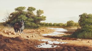 Harry E. Antis (1942-2002) Rhino by a Stream sight 20 x 36 in.