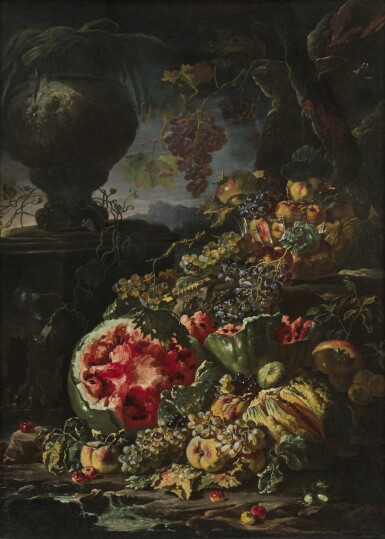Still life with watermelons, apples, grapes and other fruit, a glass bowl filled with apple, grapes and a pomegranate, in a landscape with a stone urn by a stream