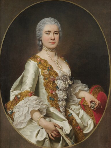 Portrait of a lady, possibly Maria Vittoria Corsini (1732–1797), half-length, in a lace-trimmed dress and holding a miniature of her husband, Livio II Odescalchi (1725–1805)