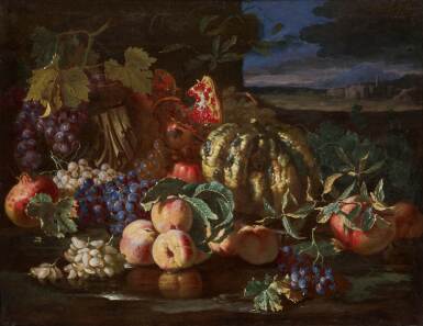 Still life of pomegranates, grapes, peaches and a fragment of a classical capital in a landscape, a town in the distance