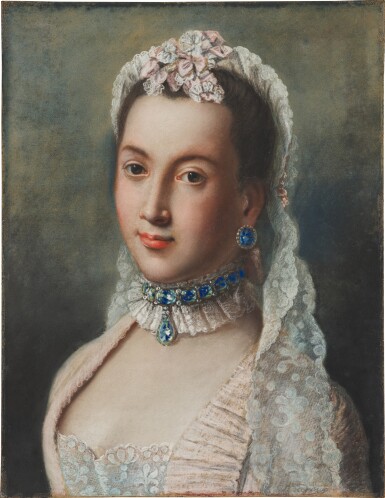 Portrait of a woman with a jewelled and laced collar wearing a light pink dress finished with lace