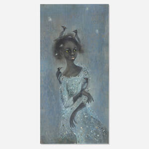 Lady in Blue with Birds on Head and Shoulder