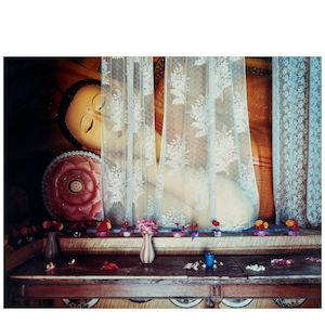 Laura McPhee (born 1958); Sleeping Buddha with Offerings of Hibiscus and Jasmine, Maha Vihara Temple, Dehiwala, Sri Lanka;