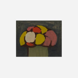 Yellow, Red and Pink Flowers in a Green Vase on a Black Background