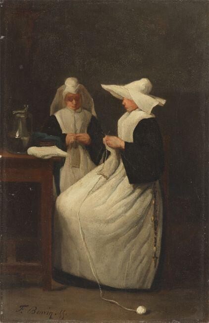 Two nuns, knitting