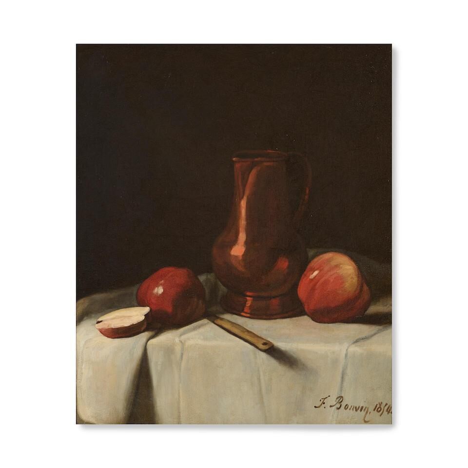 Nature morte, pommes et un pichet en cuivre