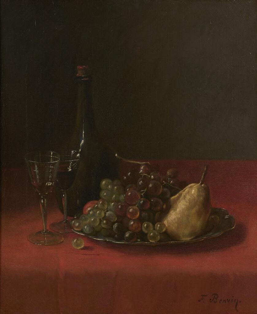 Fruits, glasses and a bottle of wine on an entablature with a red tablecloth
