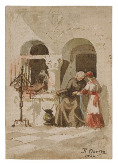 A seated monk with a standing acolyte