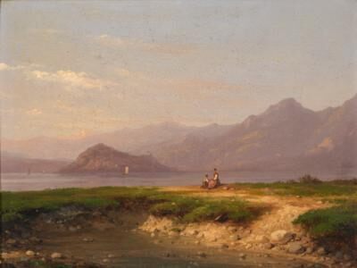 A Mountain Landscape with Figures on a Lake