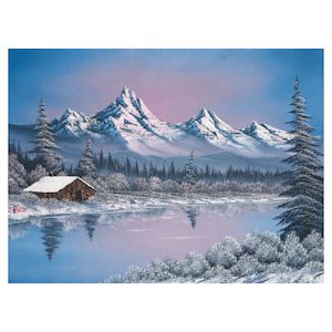 Bob Ross, Bob Ross (1942-1995) Winter Landscape with Snow-Capped Mountains, Lake and Cabin 18 x 24 in. (45.7 x 61 cm.) (Painted circa 1984.)