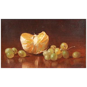 De Scott Evans (1847-1898) Grapes and Orange 6 3/4 x 11 3/4 in. (17.1 x 29.8 cm.)