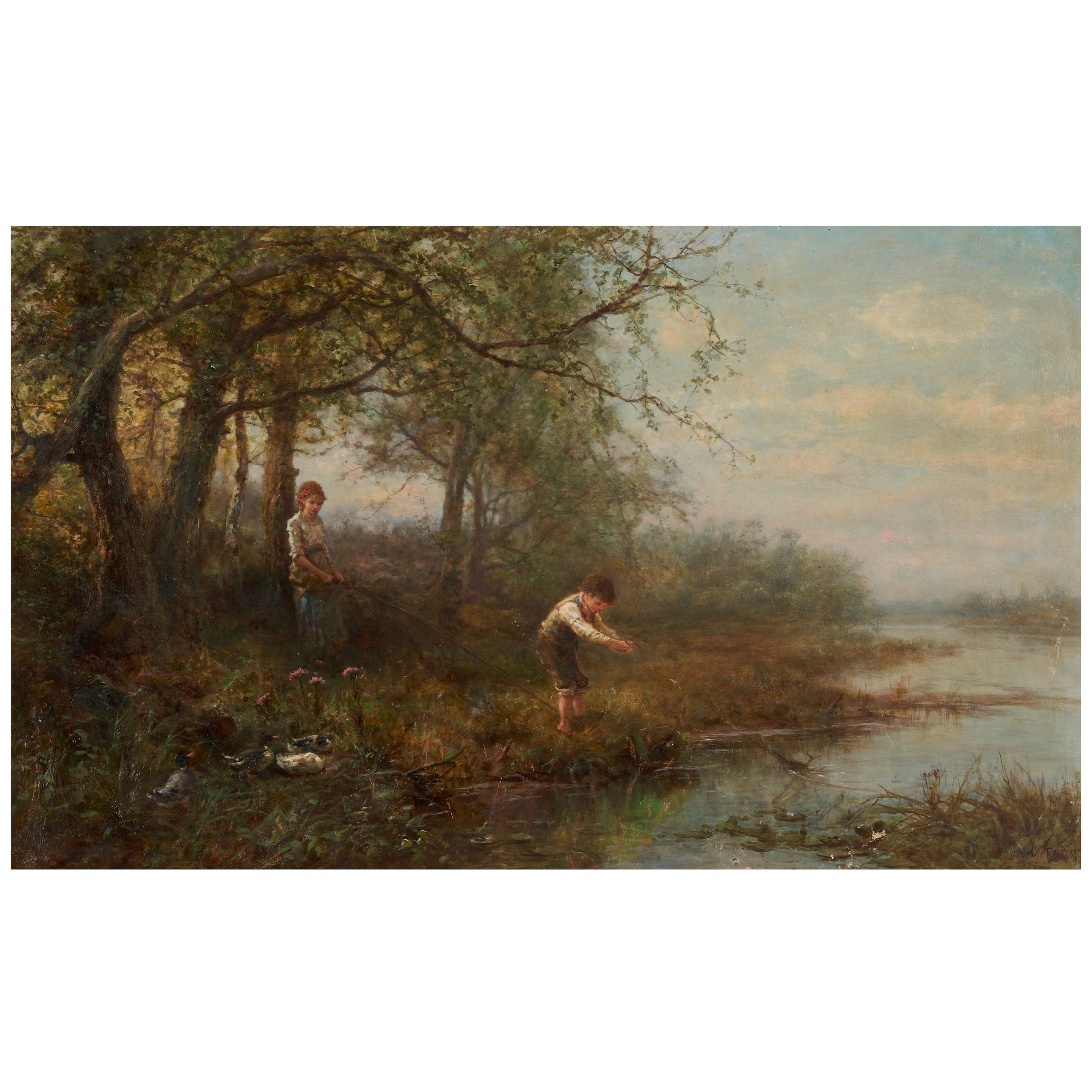 James Crawford Thom (1835-1898) Fishing Scene 18 x 30 in. (45.7 x 76.2 cm.)
