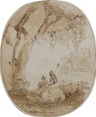 Two soldiers resting in a rocky landscape