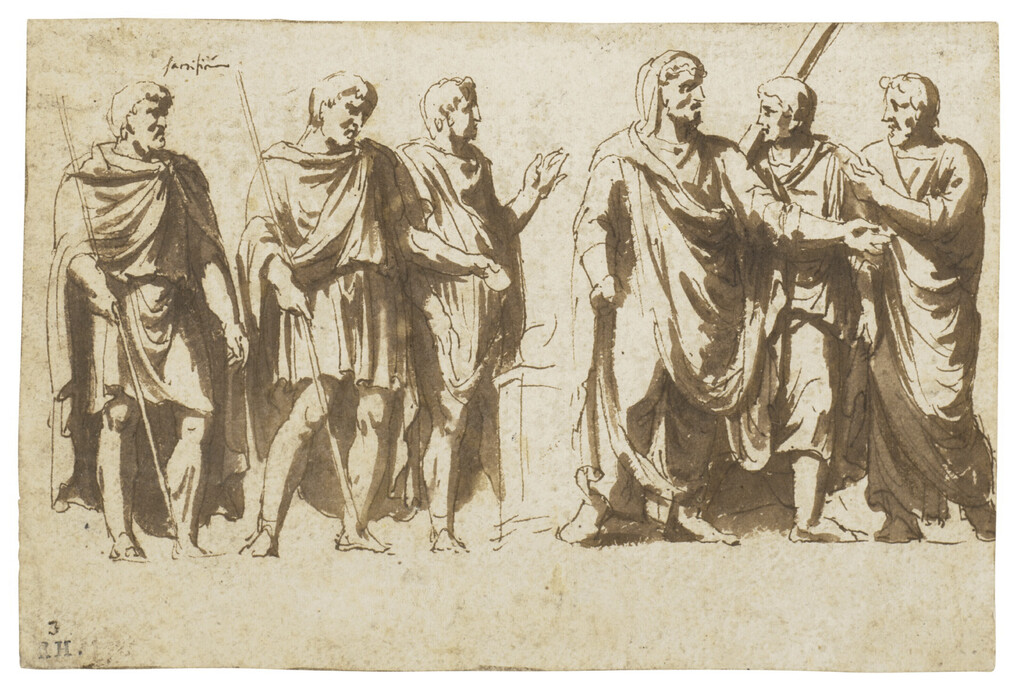 Two groups of men by an altar, after the antique