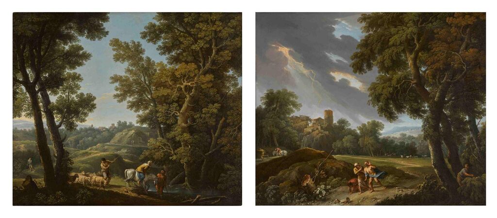A wooded landscape with figures crossing a stream next to a shepherd and his flock; A wooded landscape with shepherds frightened by lightning, a town in the distance