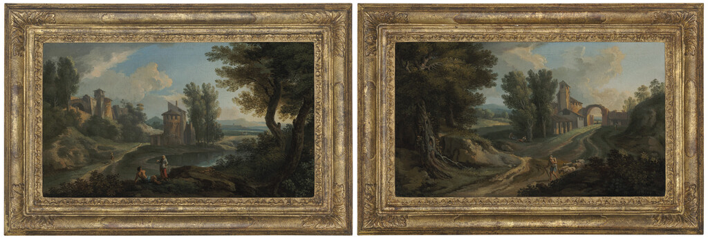 Travellers resting beside and lake; and A shepherd on a wooded path