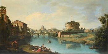 View of the Tiber looking towards the Castel Sant'Angelo, with Saint Peter's in the distance