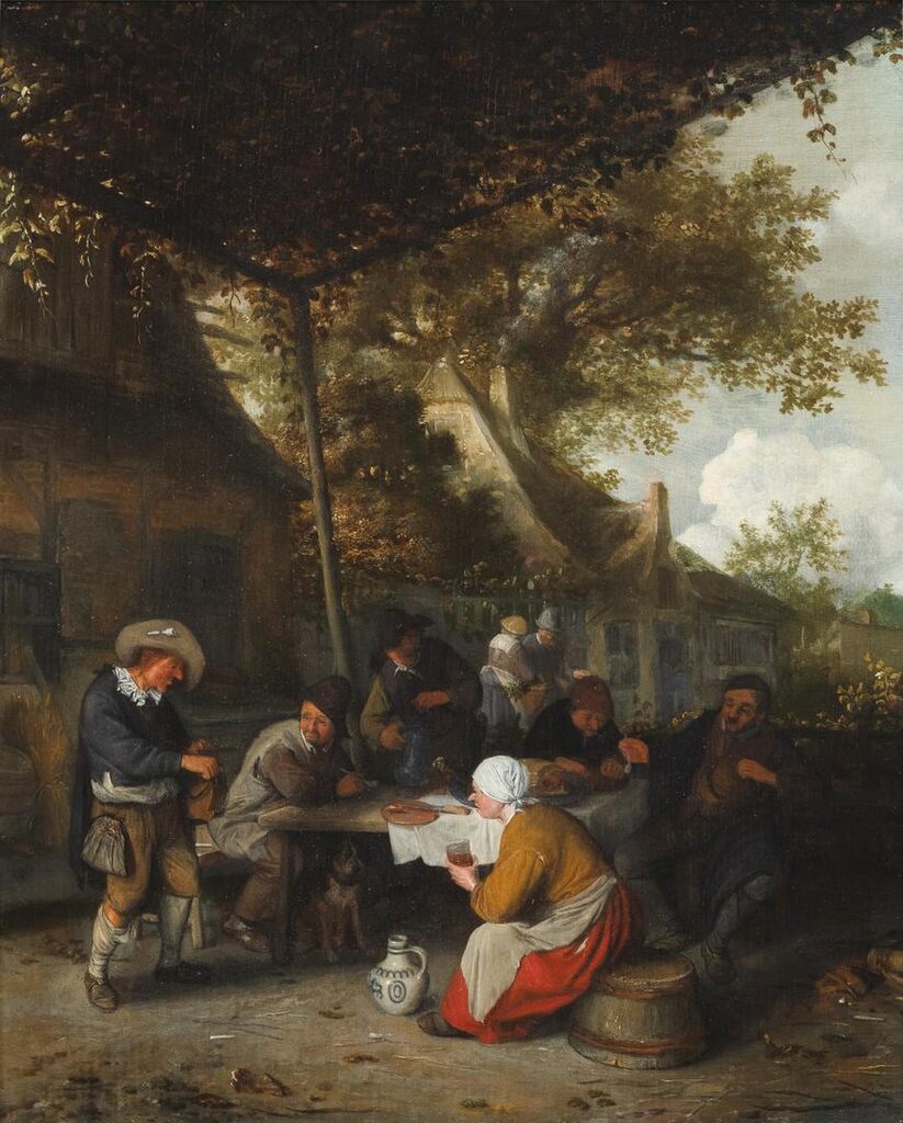 Peasants seated at a table before a tavern