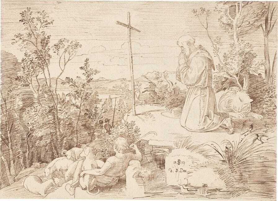 ”Der heilige Hieronymus vor einem Holzkreuz betend”