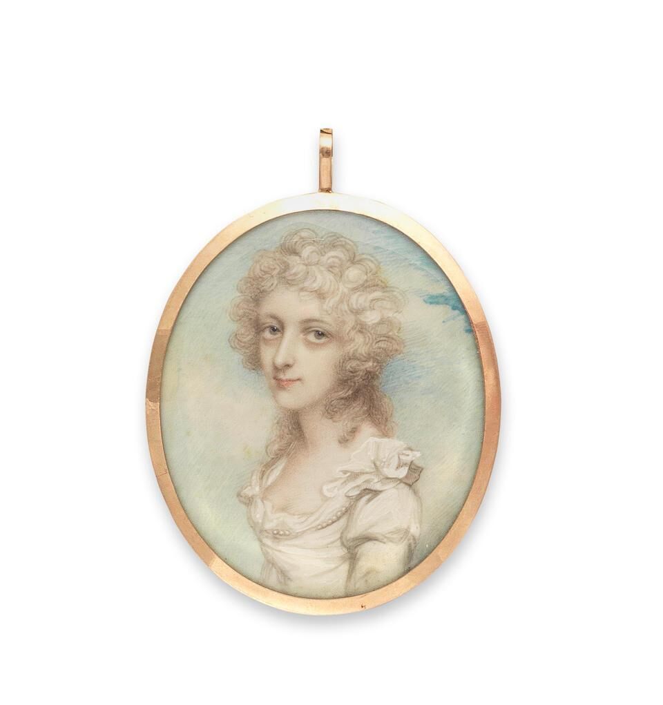 A portrait miniature of a lady wearing white dress with pearl trim, her hair powdered