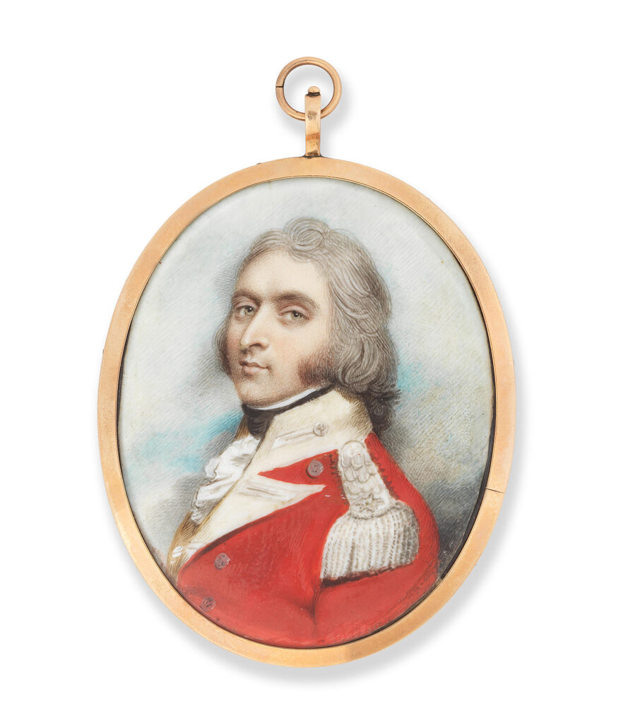 A portrait miniature of an officer, wearing red coat, cream collar, facings and epaulettes over his white frilled chemise and black stock, his hair powdered